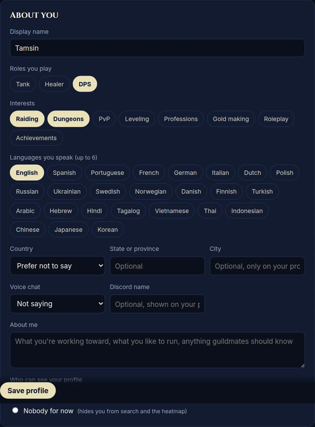 About you: roles, interests, languages, region, Discord and who can see your profile.