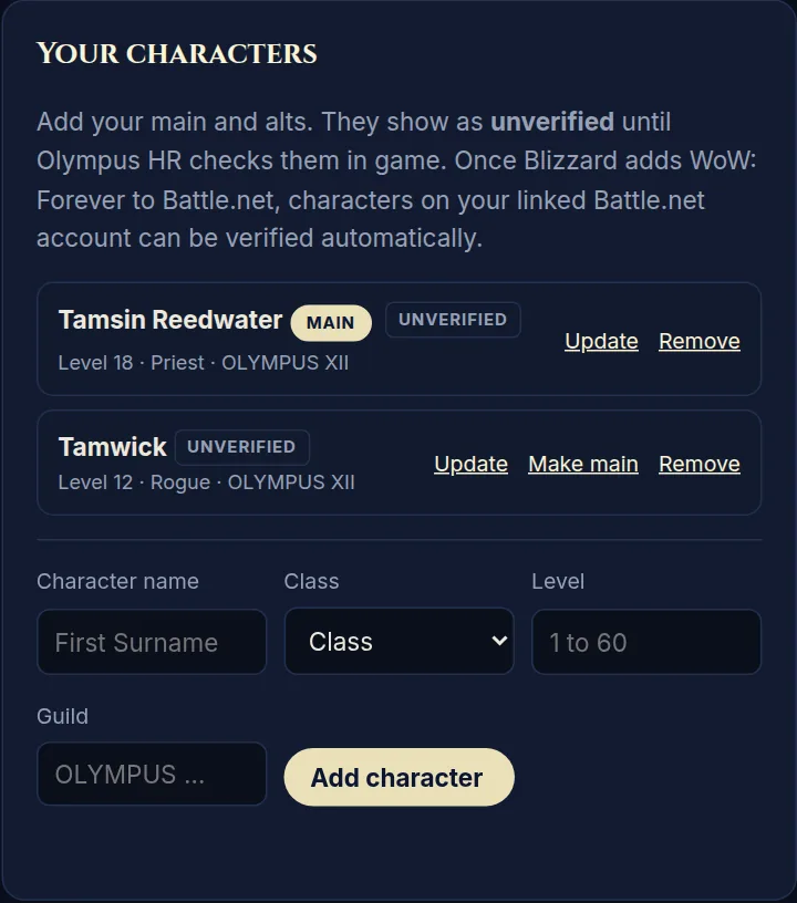 Your characters. Add new ones at the bottom; Update or Make main on each one.