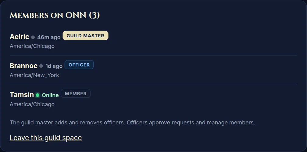 Members: a green dot means online now. Click a name to see their profile.