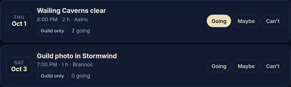 Events: answer Going, Maybe or Can't.