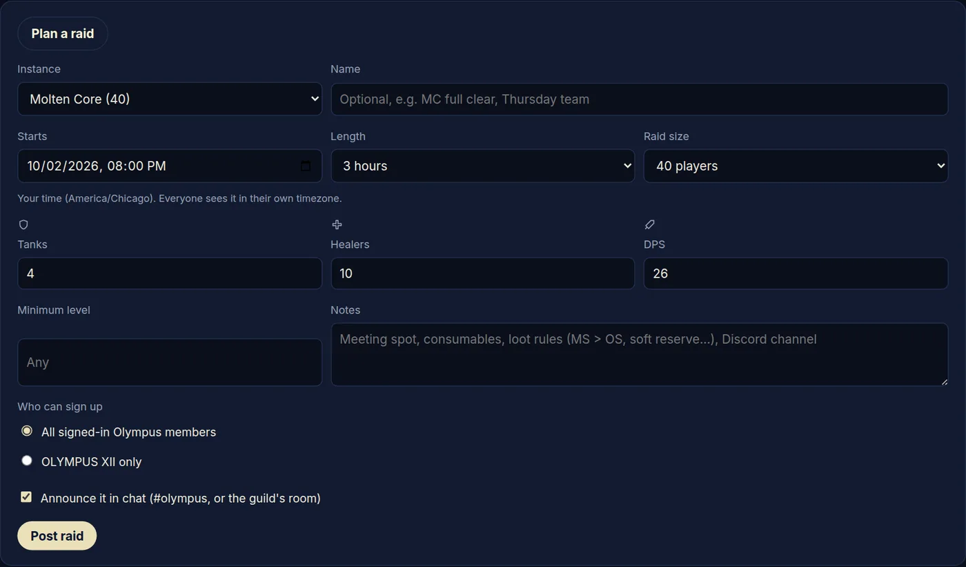 Plan a raid: instance, time, size and the roles you need.
