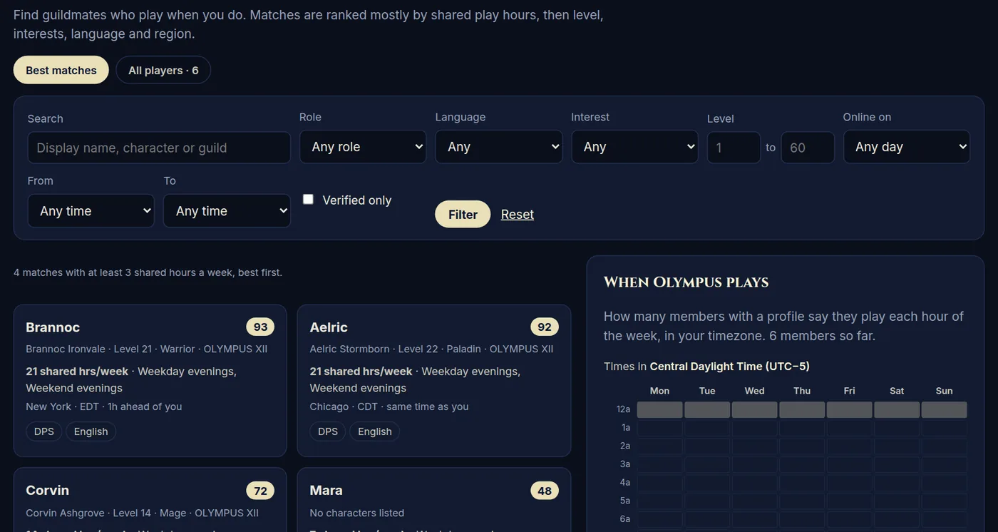 Find Players: matches ranked by the hours you both play.
