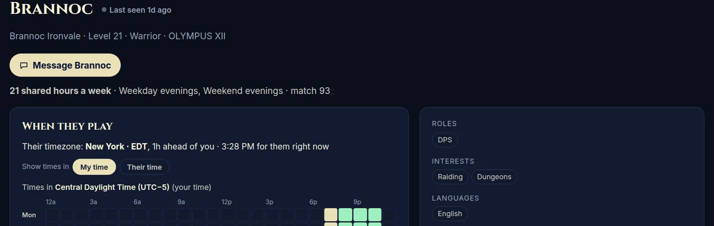 A profile: online status, play hours and the Message button.