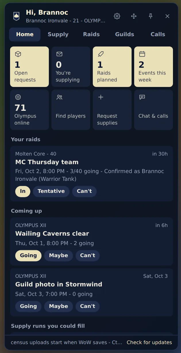 Home: tiles, your raids and what's coming up.