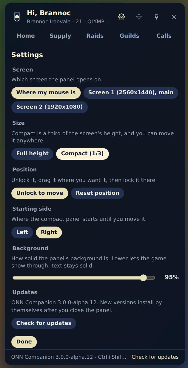 Settings: screen, side, size and background.