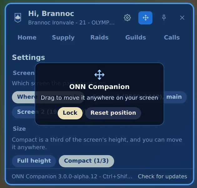 Unlocked: drag the compact panel anywhere, then Lock.