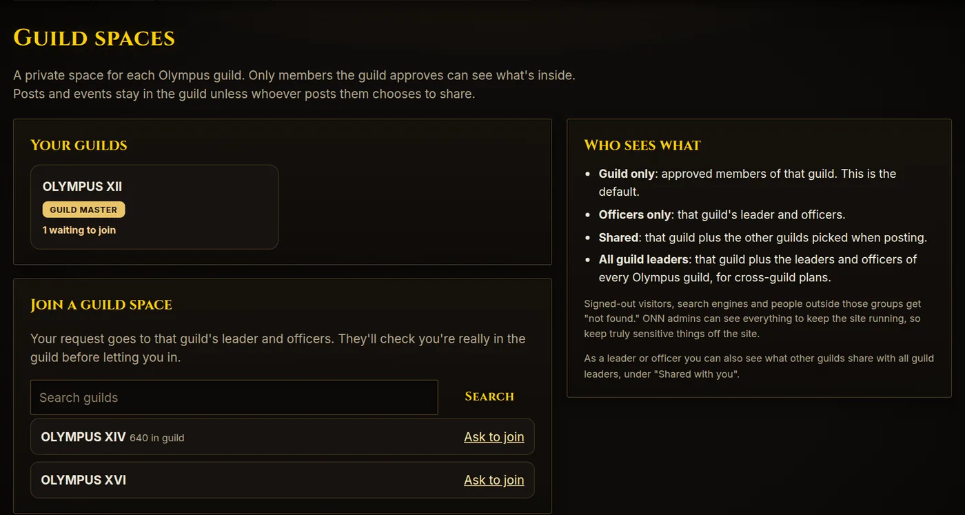 Guild Spaces: your guilds (with waiting join requests) on the left, who sees what on the right.
