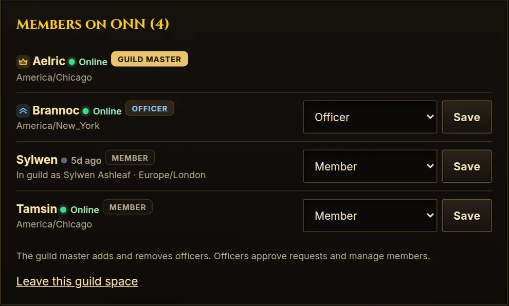 The roster: everyone in the space, who's online and the role menu.