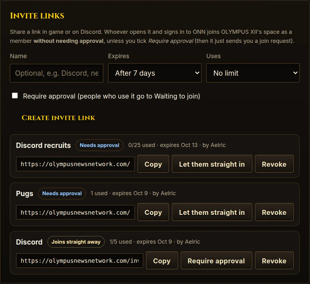 Invite links: make one, then copy, change or revoke it.