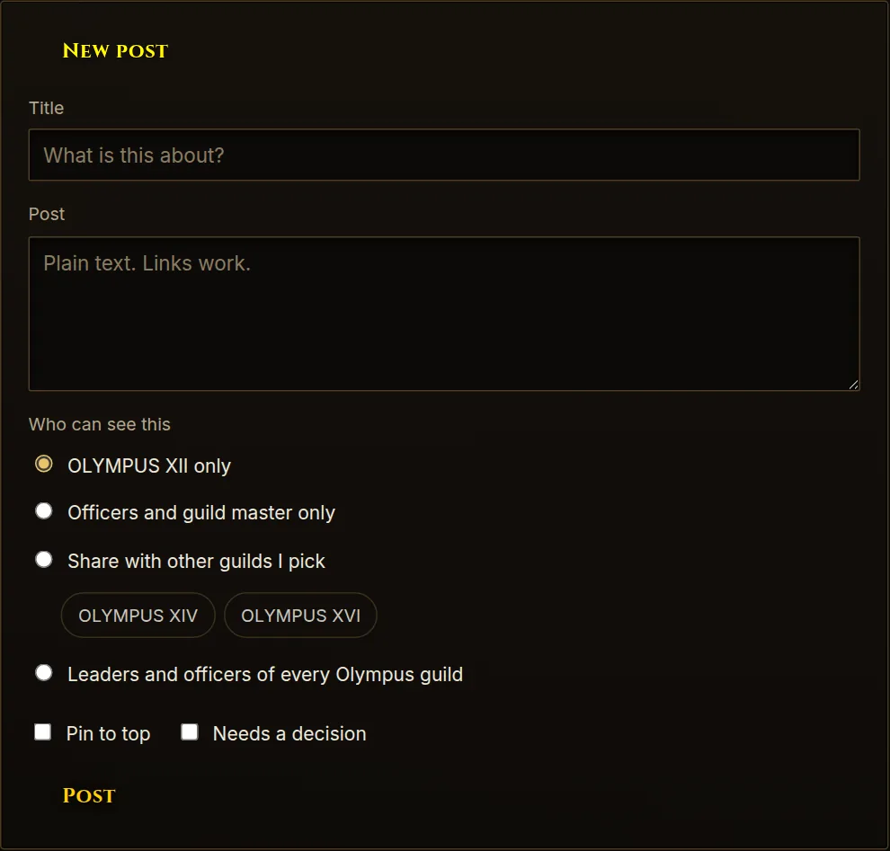The New post form, with the choice of who can see it.