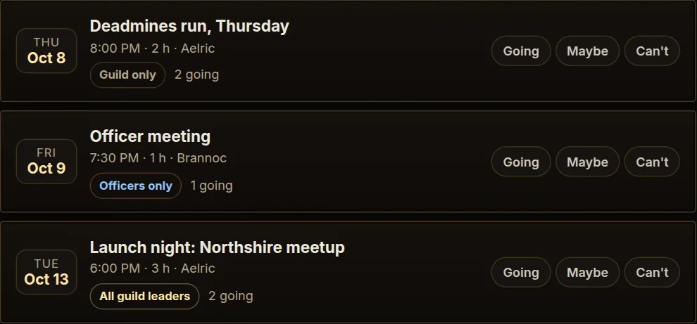 Upcoming events with who can see them and sign-ups.