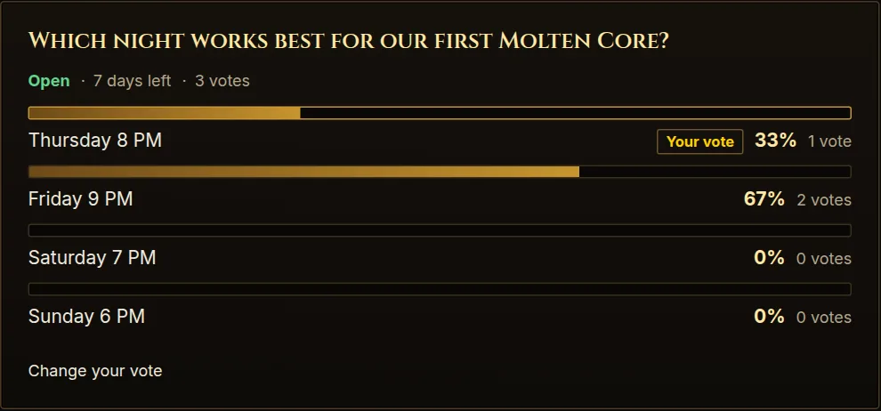A guild poll with its results.
