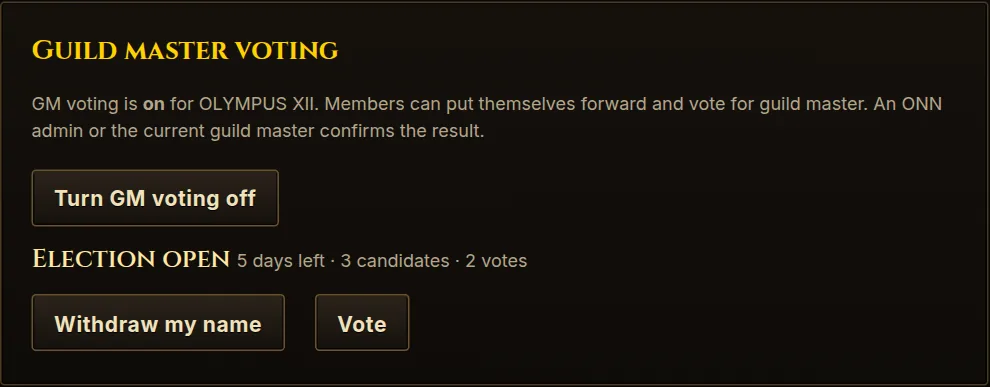 Guild master voting on the Polls tab, with an election open.