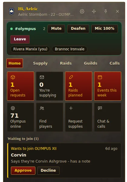ONN Companion: join requests and your raids in a panel over the game.